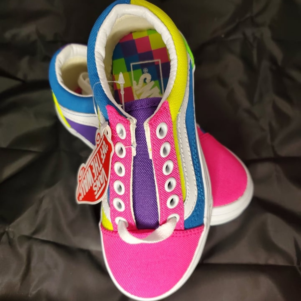 NWT Vans Old Skool Neon Color-Block Skate Shoe - Little Kid - Pink/Purple/Yellow